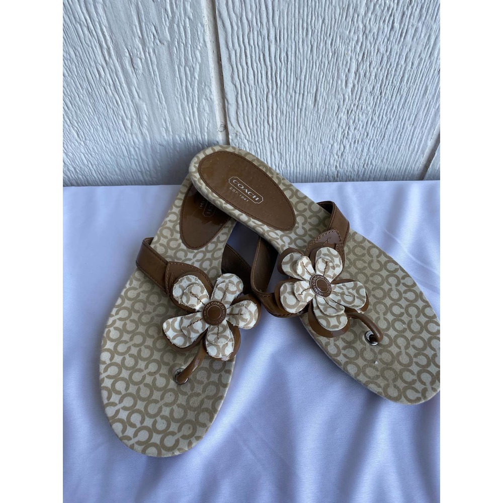 Coach Logo Flower Flip Flop Sandal Cream and Brown Size 10B